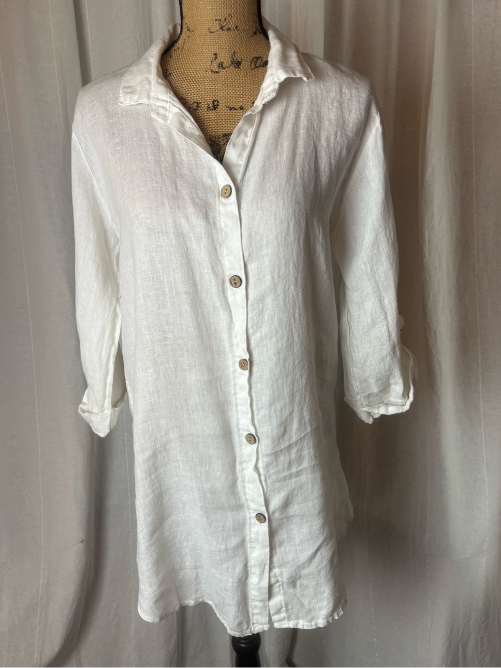Viola Borghi Women's White Top 100% Linen Button Down 3/4 Sleeves Tunic Size S